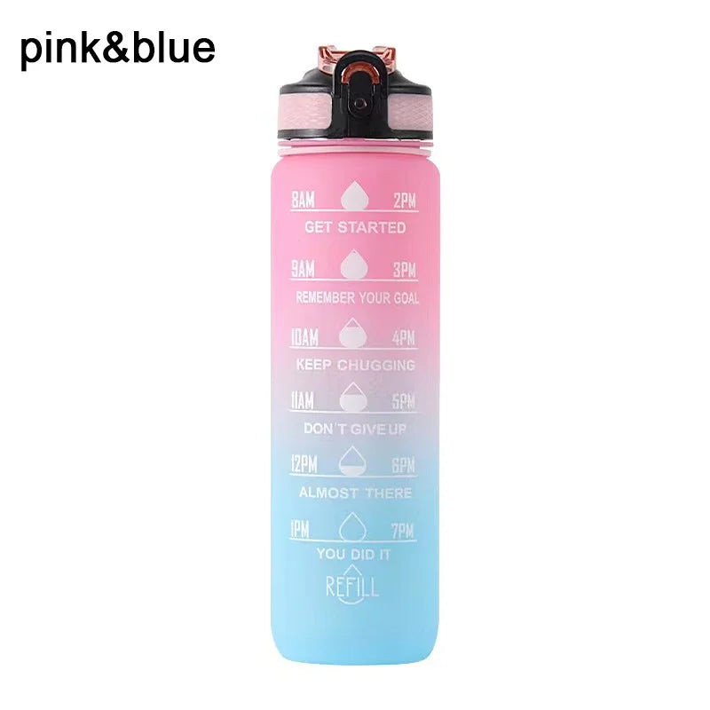 1L Sports Water Bottle with Straw and Time Marker Plastic Motivational Water Bottle Drinking Bottle Leakproof for Fitness Gym