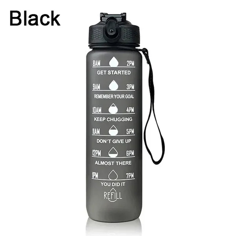 1L Sports Water Bottle with Straw and Time Marker Plastic Motivational Water Bottle Drinking Bottle Leakproof for Fitness Gym