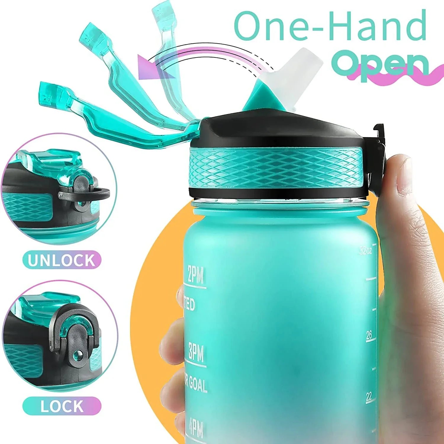 1L Sports Water Bottle with Straw and Time Marker Plastic Motivational Water Bottle Drinking Bottle Leakproof for Fitness Gym