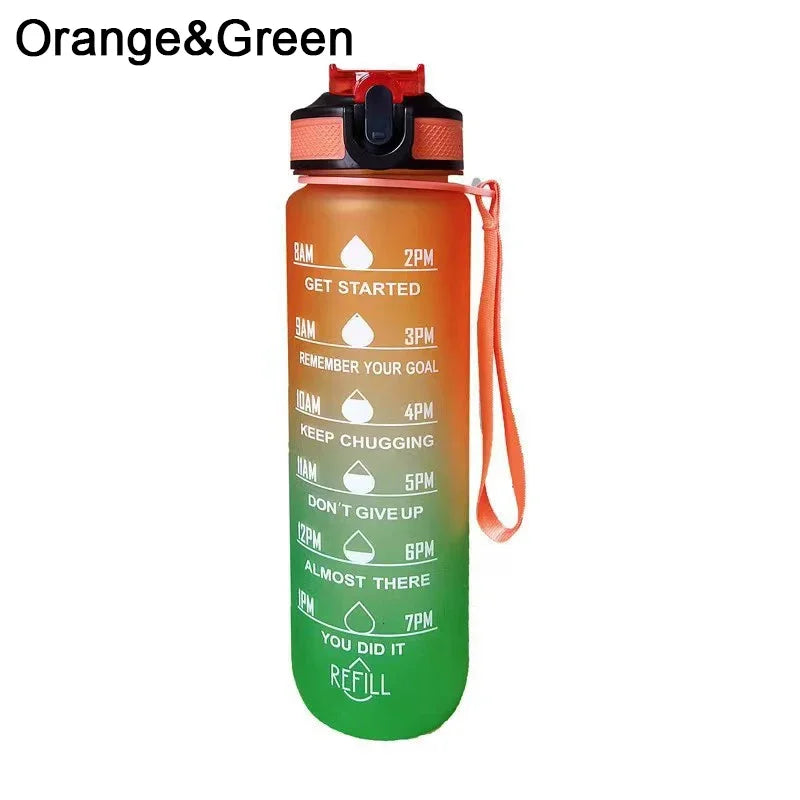 1L Sports Water Bottle with Straw and Time Marker Plastic Motivational Water Bottle Drinking Bottle Leakproof for Fitness Gym