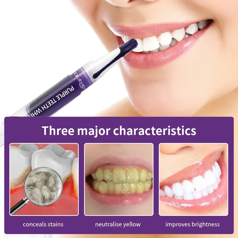 Purple Whitening Gel Pen, Instant Teeth Whitening Pigment Pen for Removing Stains and Restoring Tooth Color