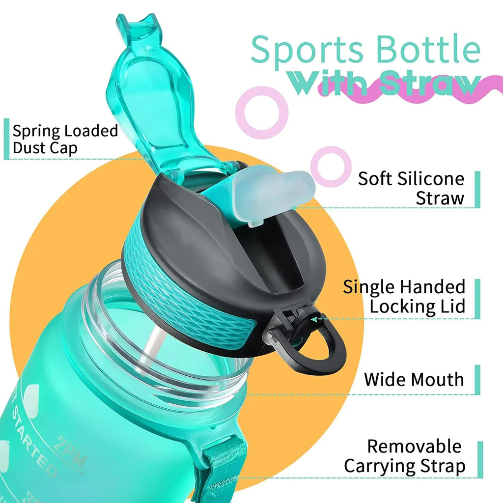 1L Sports Water Bottle with Straw and Time Marker Plastic Motivational Water Bottle Drinking Bottle Leakproof for Fitness Gym