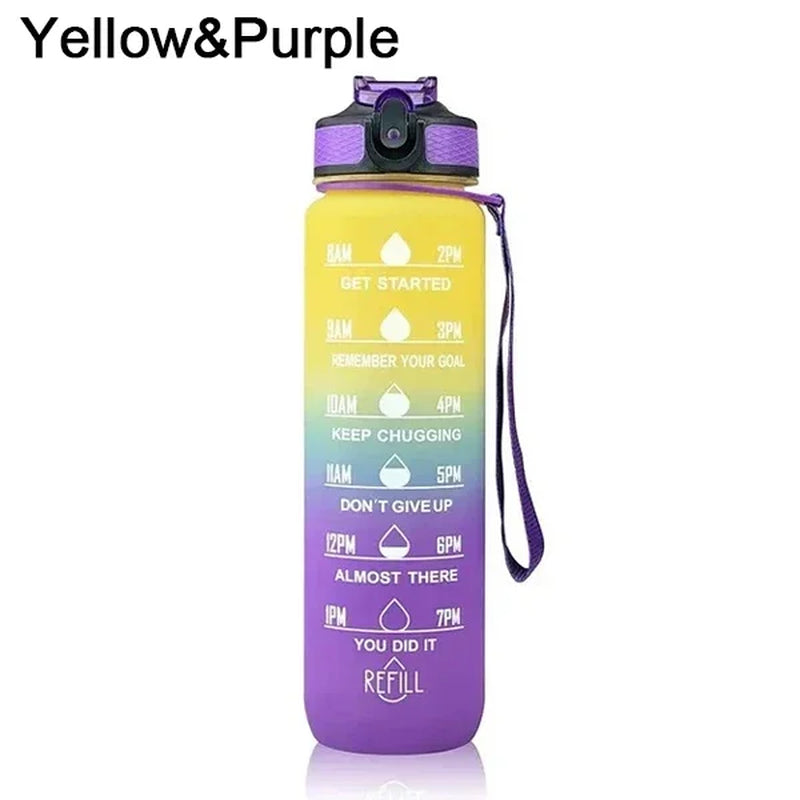 1L Sports Water Bottle with Straw and Time Marker Plastic Motivational Water Bottle Drinking Bottle Leakproof for Fitness Gym