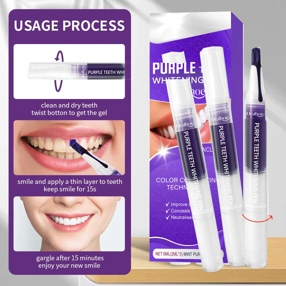 Purple Whitening Gel Pen, Instant Teeth Whitening Pigment Pen for Removing Stains and Restoring Tooth Color