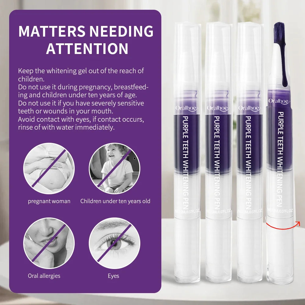 Purple Whitening Gel Pen, Instant Teeth Whitening Pigment Pen for Removing Stains and Restoring Tooth Color