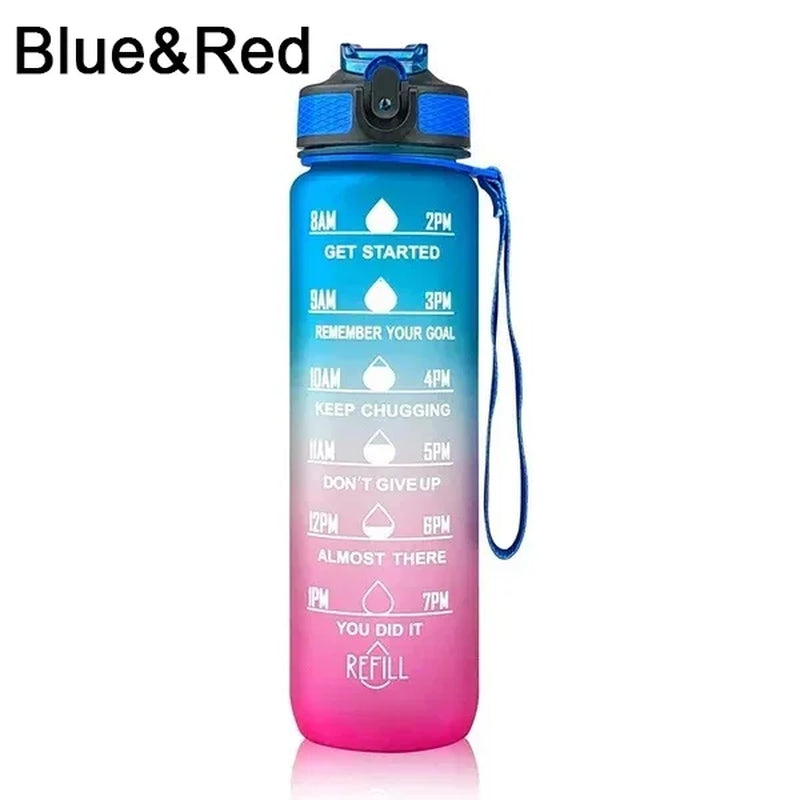 1L Sports Water Bottle with Straw and Time Marker Plastic Motivational Water Bottle Drinking Bottle Leakproof for Fitness Gym