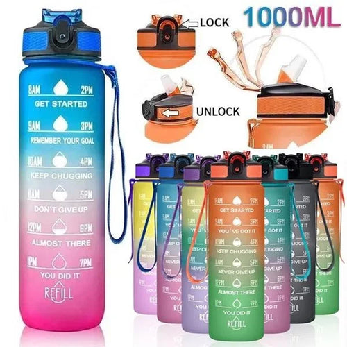 1L Sports Water Bottle with Straw and Time Marker Plastic Motivational Water Bottle Drinking Bottle Leakproof for Fitness Gym