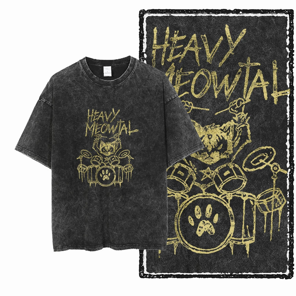 Acid Wash Cat Print Graphic Tee