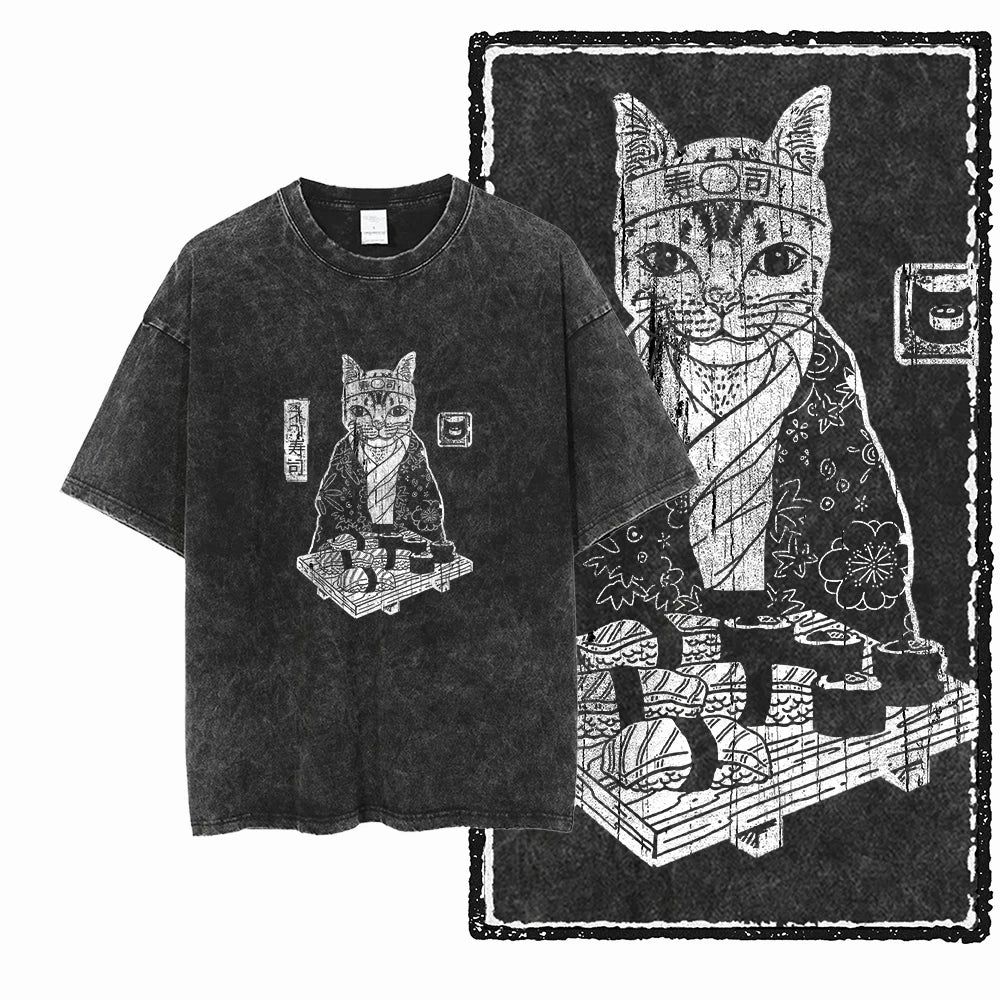 Acid Wash Cat Print Graphic Tee