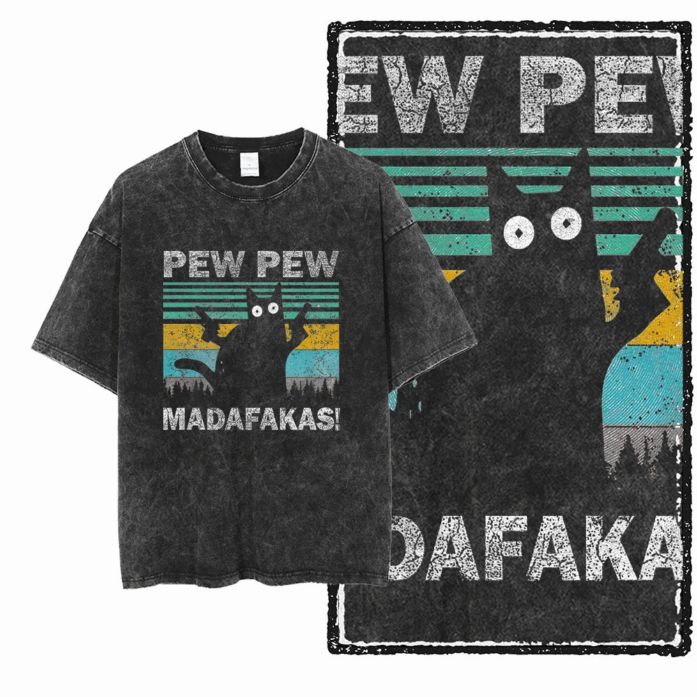 Acid Wash Cat Print Graphic Tee