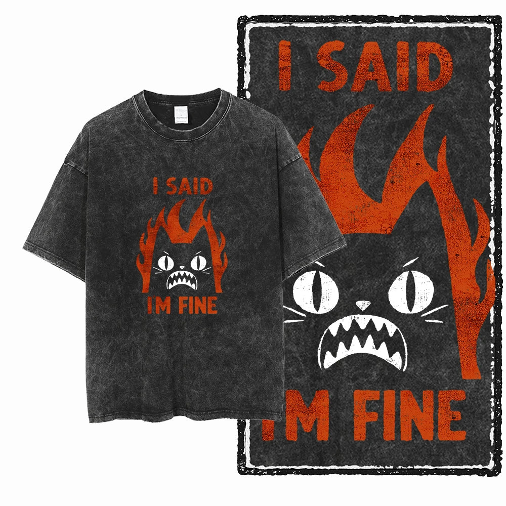 Acid Wash Cat Print Graphic Tee