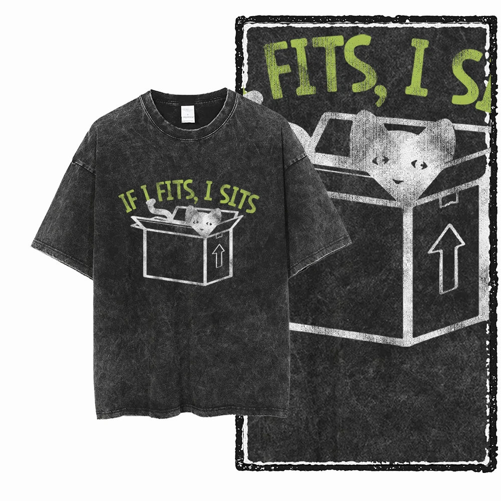 Acid Wash Cat Print Graphic Tee