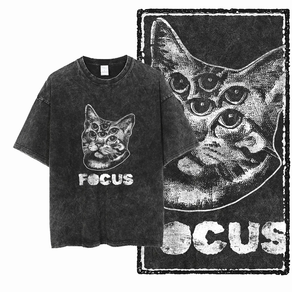Acid Wash Cat Print Graphic Tee