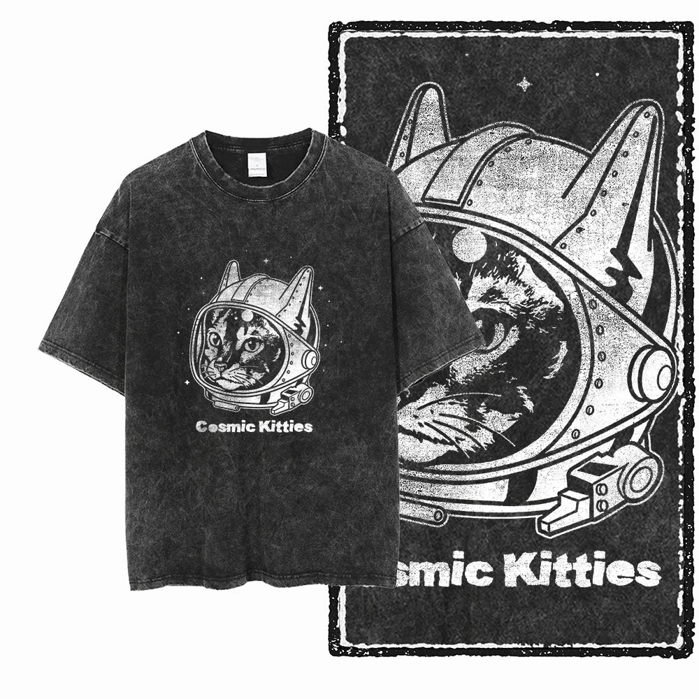 Acid Wash Cat Print Graphic Tee