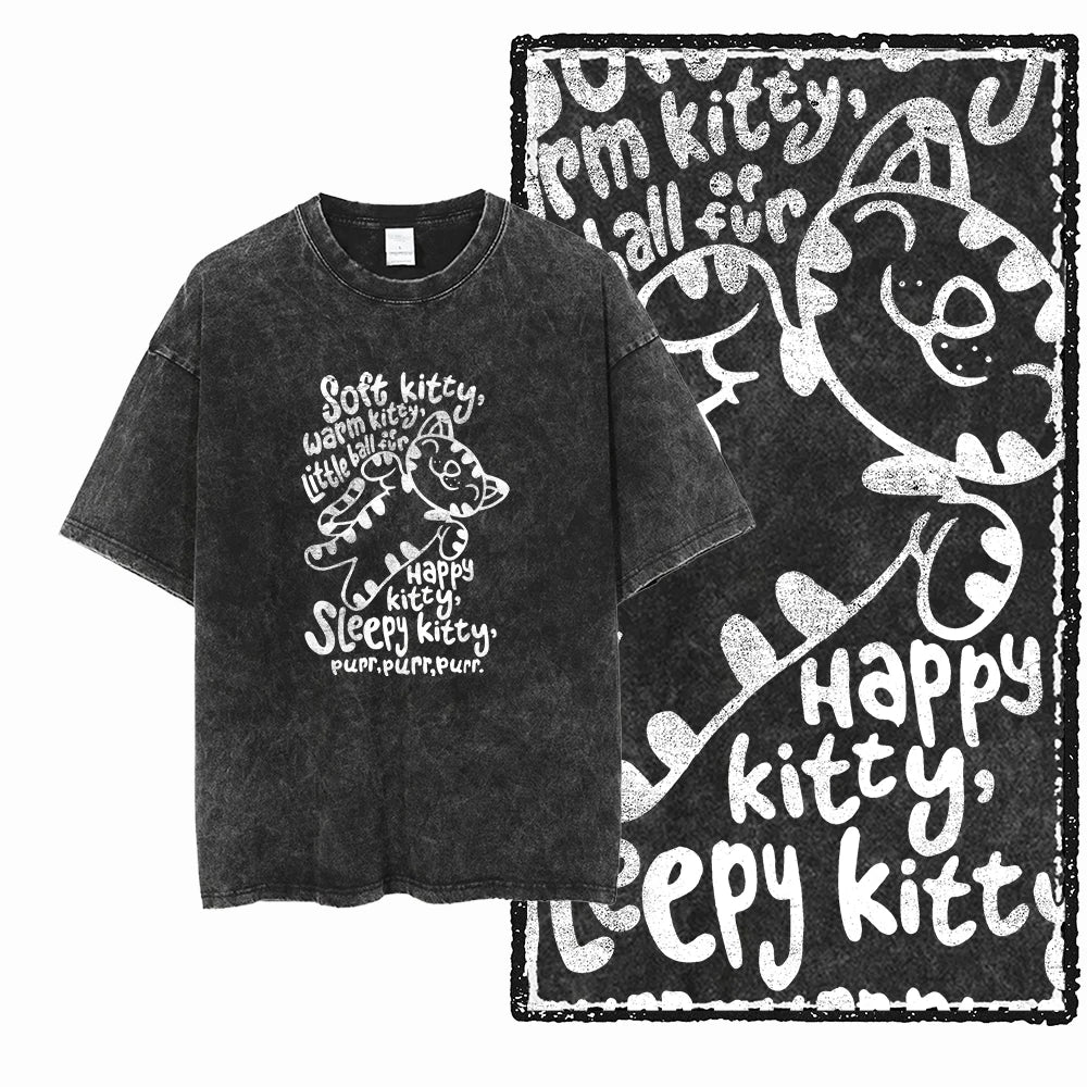 Acid Wash Cat Print Graphic Tee