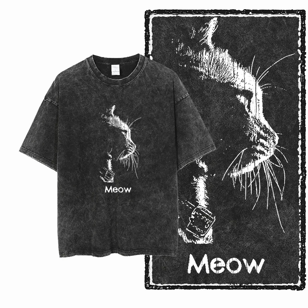 Acid Wash Cat Print Graphic Tee