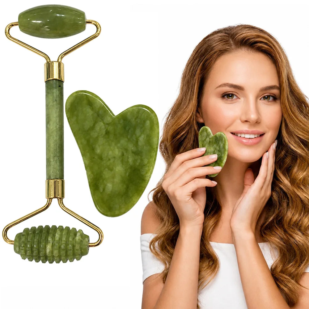 Jade Facial Roller & Gua Sha Set (3-Piece)