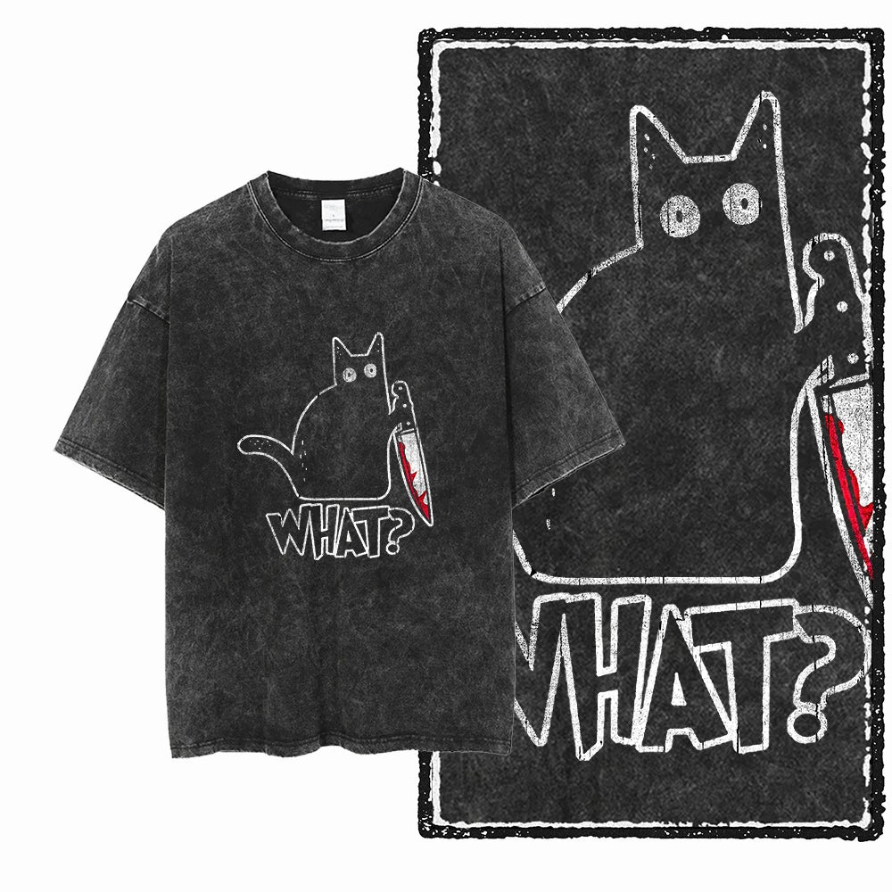 Acid Wash Cat Print Graphic Tee