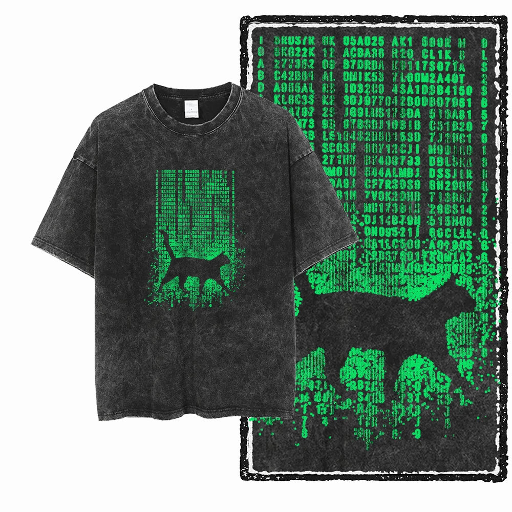 Acid Wash Cat Print Graphic Tee
