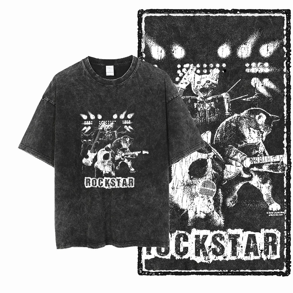 Acid Wash Cat Print Graphic Tee
