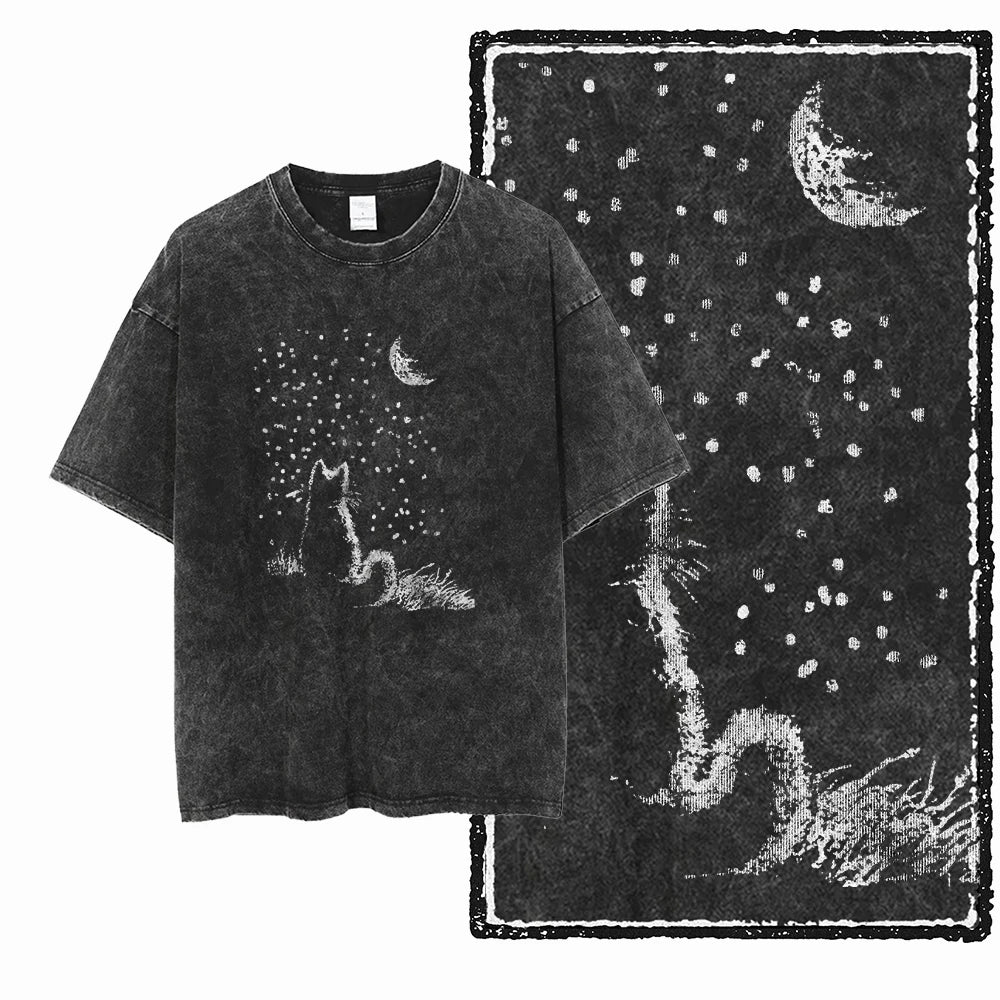 Acid Wash Cat Print Graphic Tee