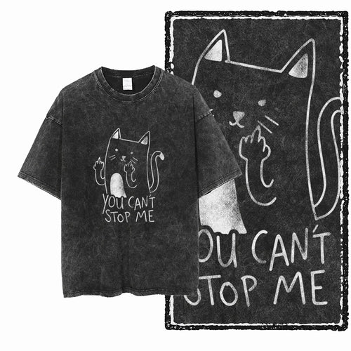Acid Wash Cat Print Graphic Tee