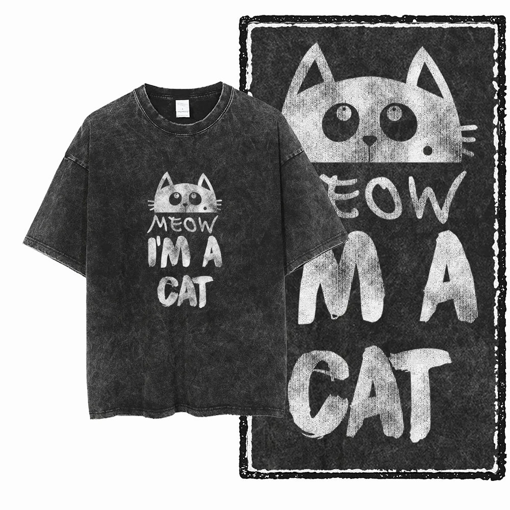Acid Wash Cat Print Graphic Tee