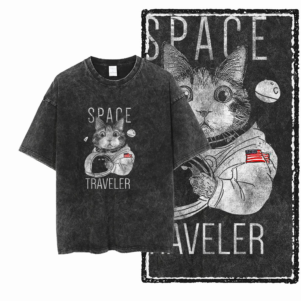 Acid Wash Cat Print Graphic Tee