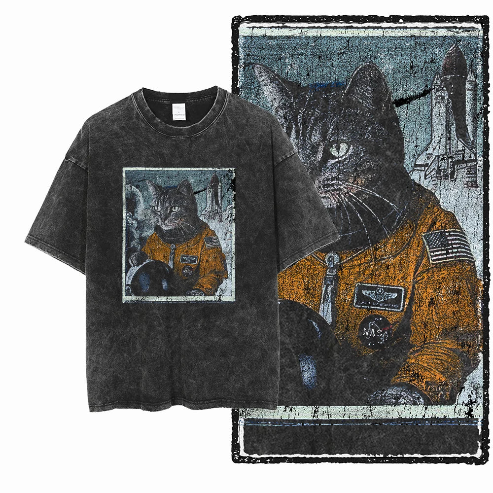 Acid Wash Cat Print Graphic Tee