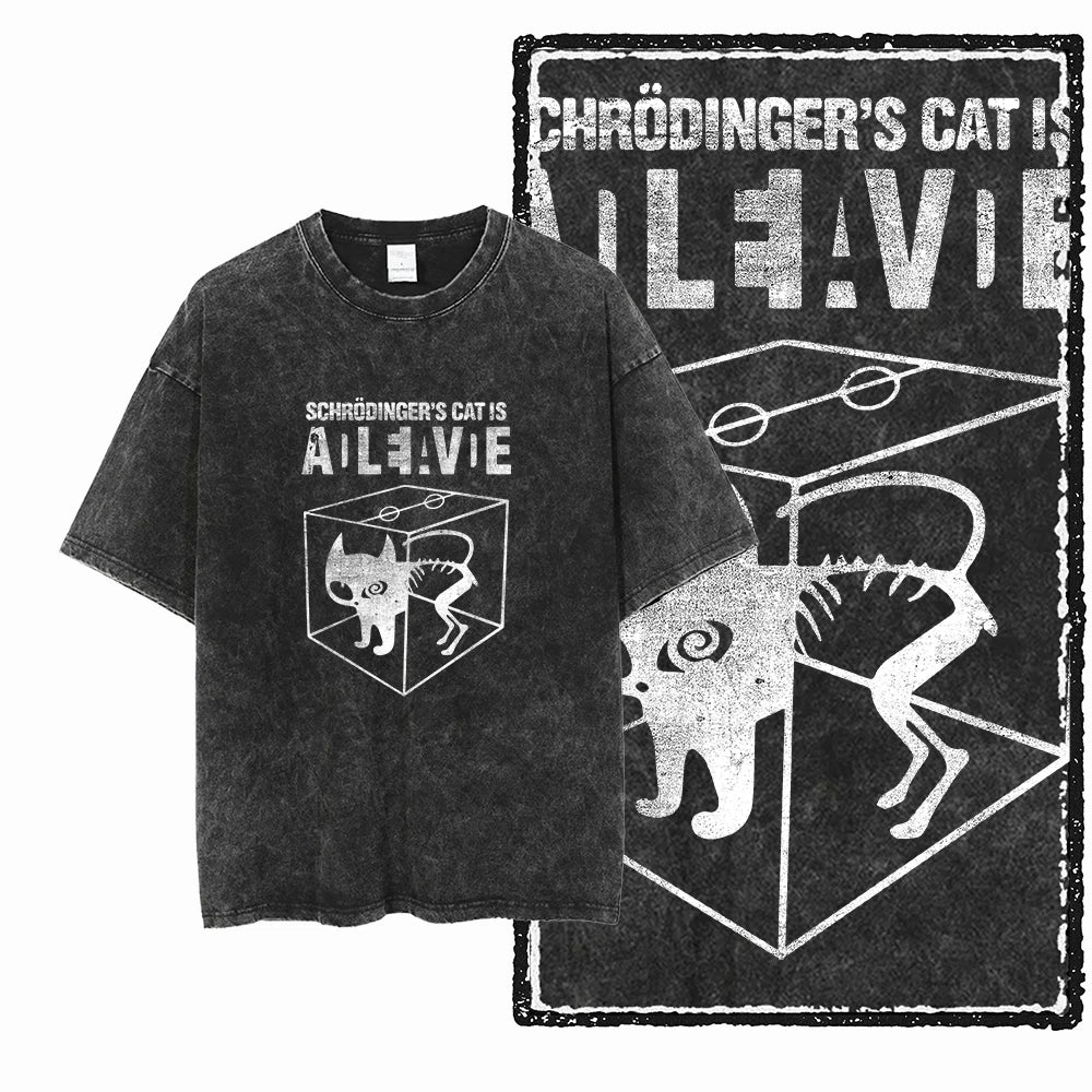 Acid Wash Cat Print Graphic Tee