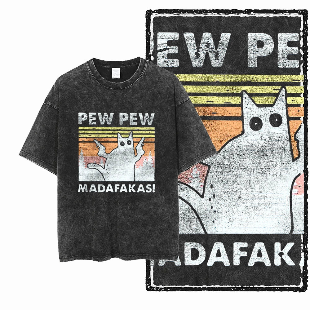 Acid Wash Cat Print Graphic Tee
