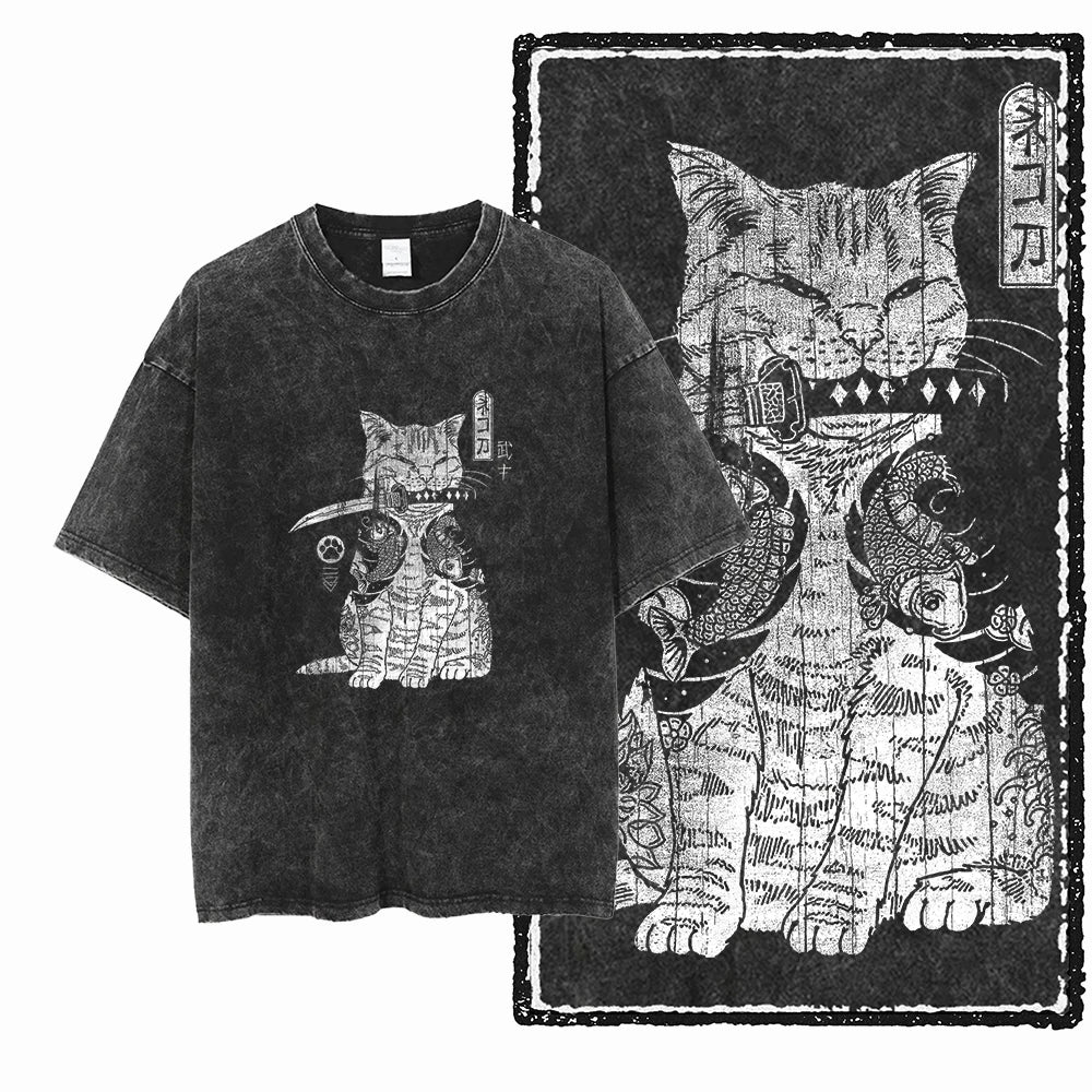 Acid Wash Cat Print Graphic Tee