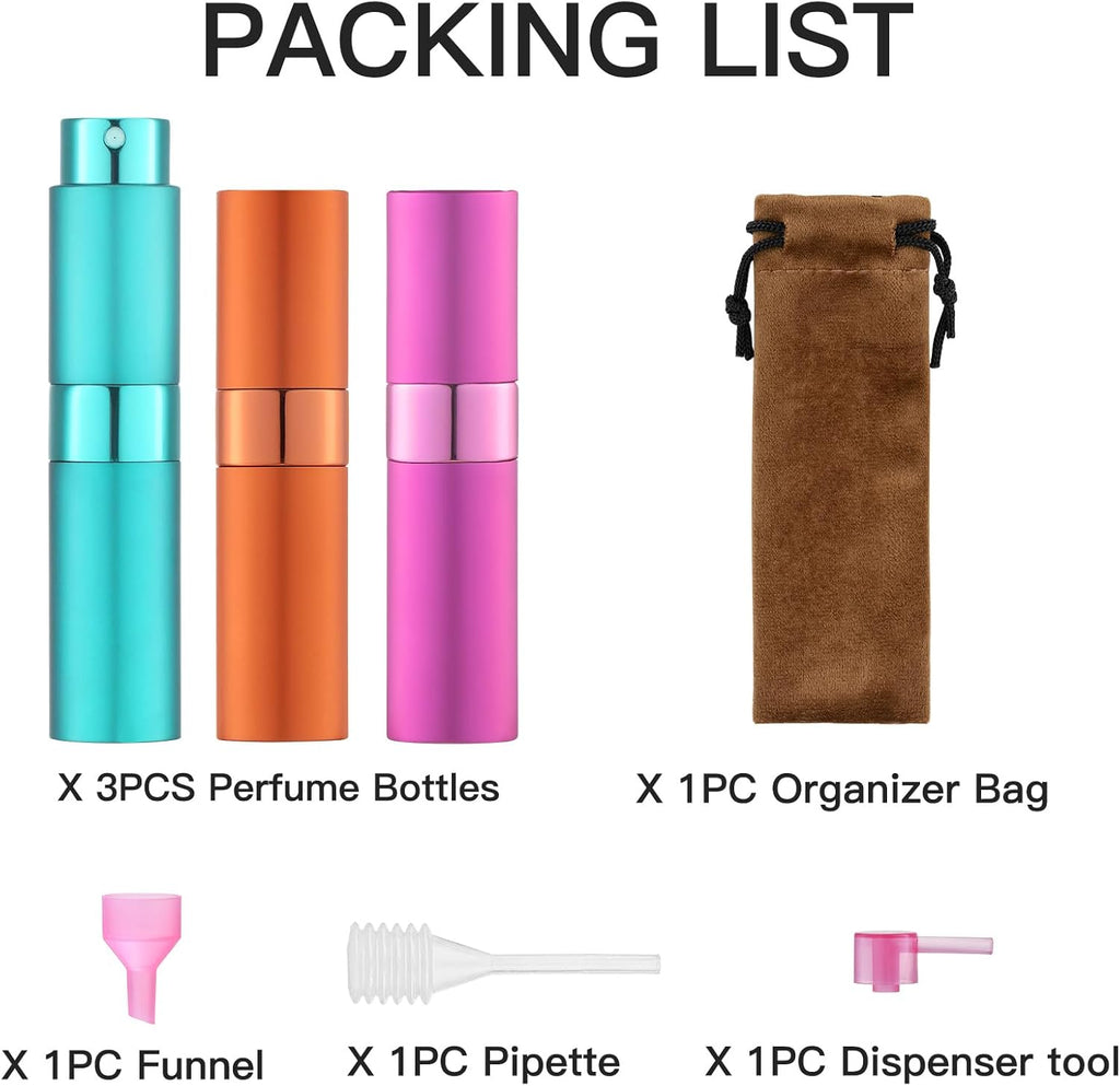8ML Atomizer Perfume Spray Bottle for Travel (3 PCS) Empty Cologne Dispenser, Portable Sprayer (Cyan, Rose Red, Orange)