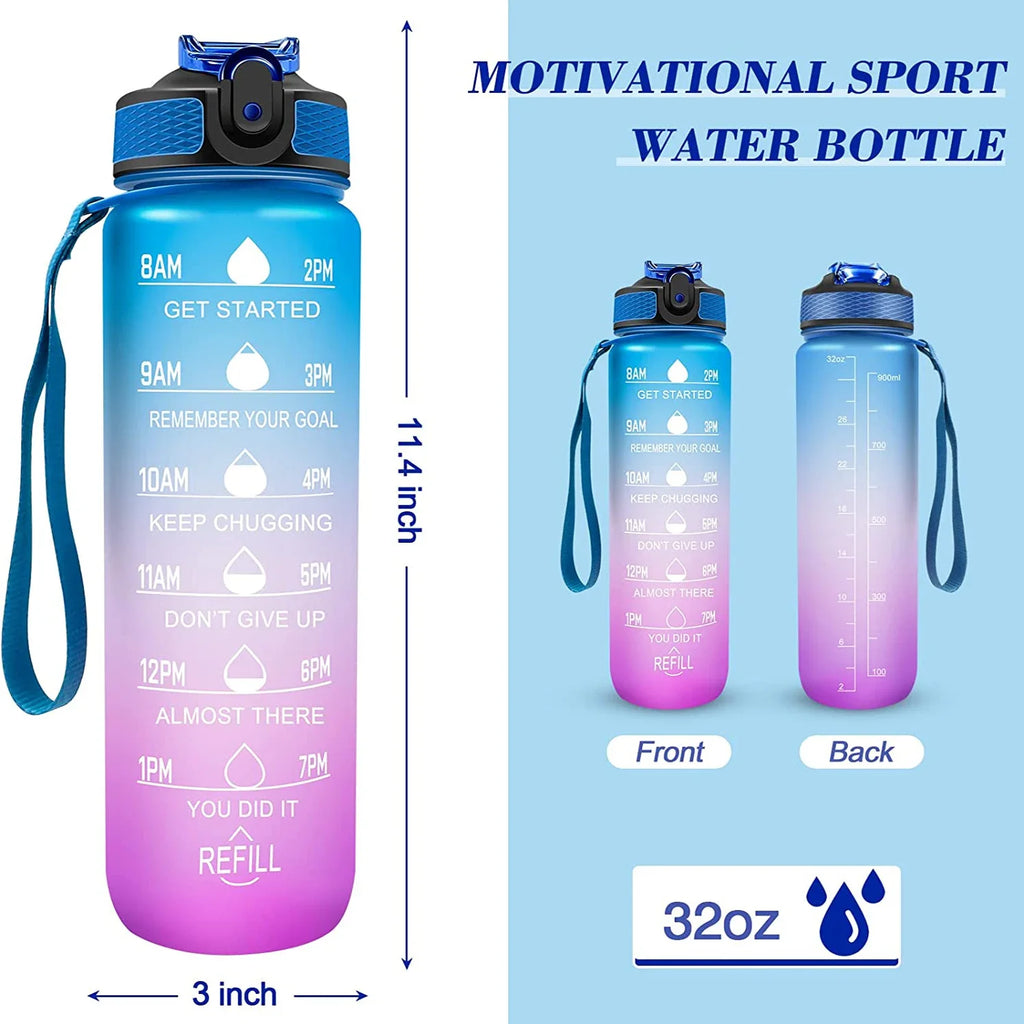 1L Sports Water Bottle with Straw and Time Marker Plastic Motivational Water Bottle Drinking Bottle Leakproof for Fitness Gym