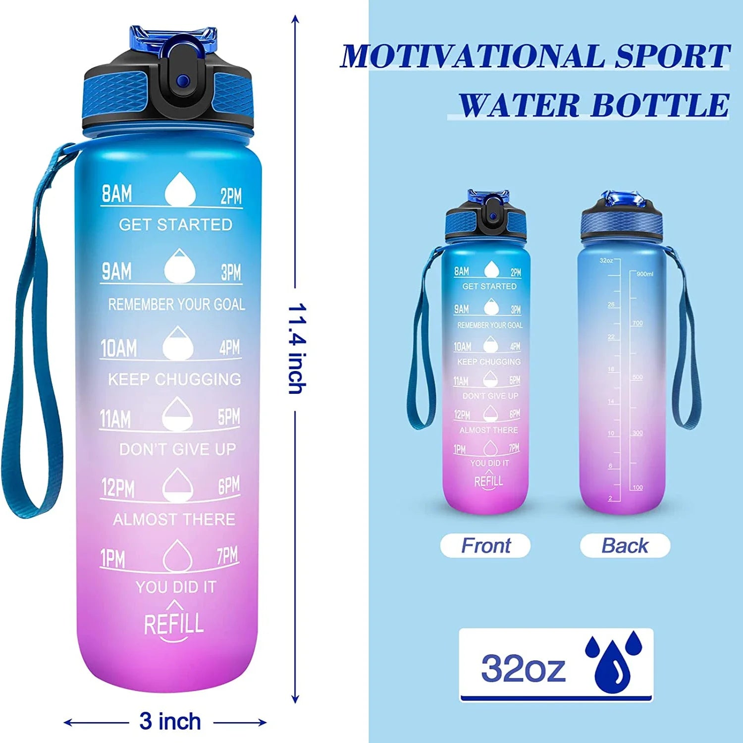 1L Sports Water Bottle with Straw and Time Marker Plastic Motivational Water Bottle Drinking Bottle Leakproof for Fitness Gym