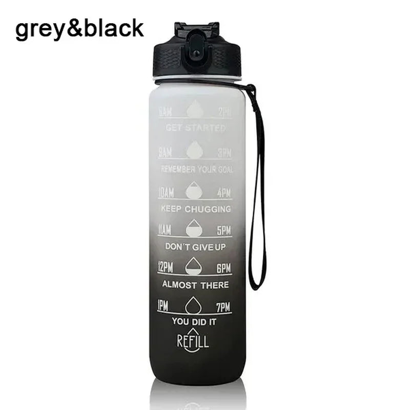 1L Sports Water Bottle with Straw and Time Marker Plastic Motivational Water Bottle Drinking Bottle Leakproof for Fitness Gym